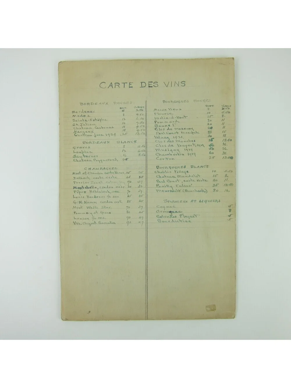 Antique 1920s Menu Cafe D'Alencon Montparnasse Paris France Wine Prices Handmade